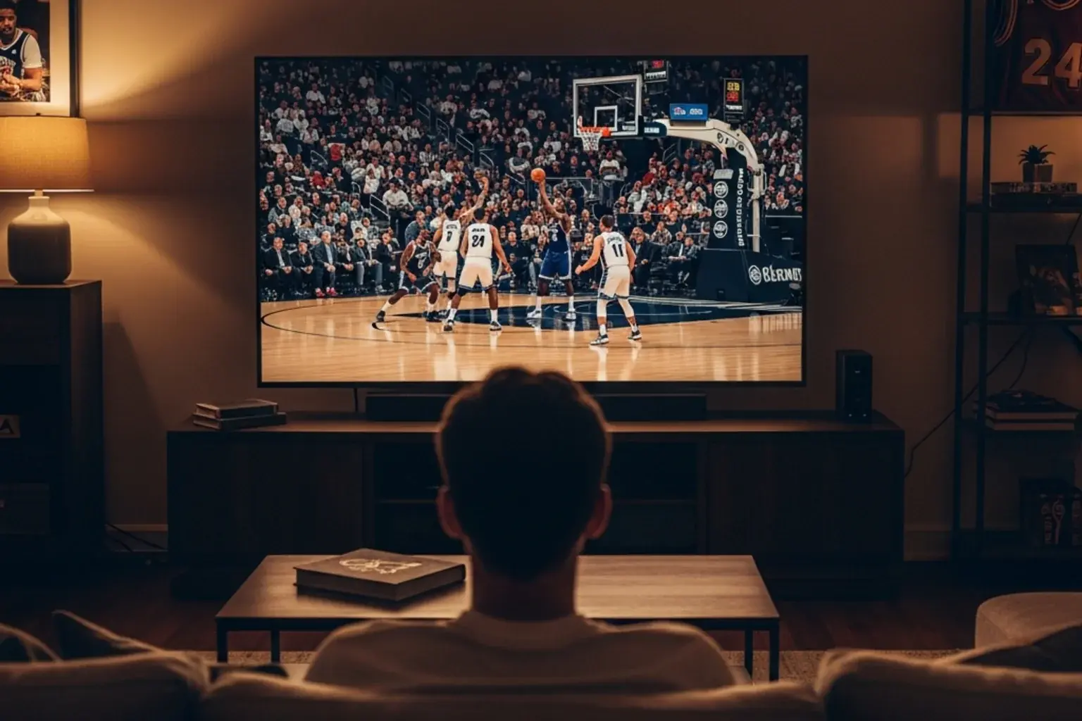 Osoba oglądająca mecz NBA na telewizorze w salonie